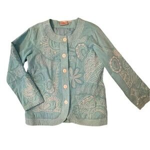 Quacker Factory women's Vintage Big Stitch Wearable Art Turquoise Lightweight M